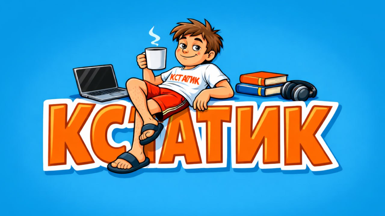 Кстатик: персонаж с ноутбуком и кружкой на фоне логотипа